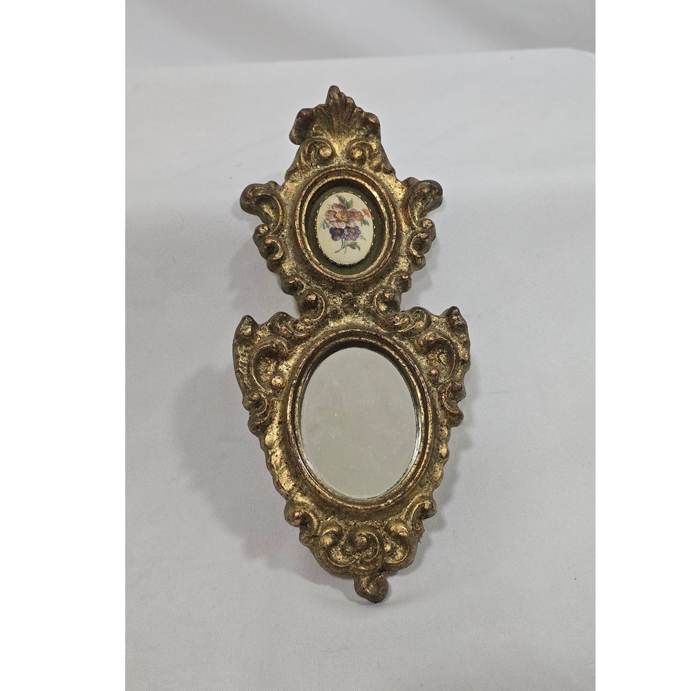 Vintage 1950s‎ E.A. Riba wall plaque gold frame floral beaded glass cameo mirror